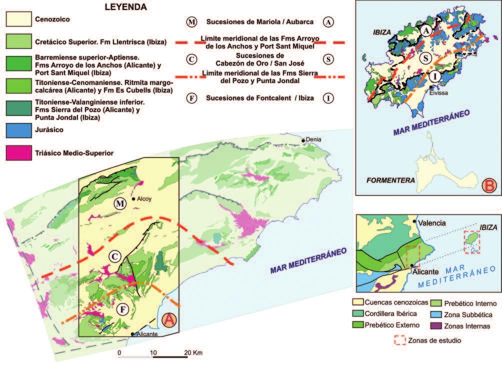 J.A. Díaz de Neira y J. Gil-Gil 93 Fig. 1.- Esquema de situación y marco geológico de las zonas de estudio. A: Prebético de Alicante. B: Isla de Ibiza.