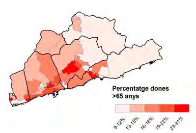 Als municipis de Vilanova, Sitges i Sant Pere de Ribes, la població major de 65 anys i en major percentatge les dones (23 31%) es concentra majoritàriament als nuclis de població i no a les