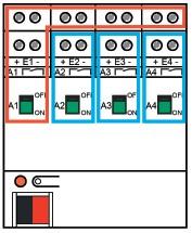 Configuración 2: Las entradas E1 E4 quedan vinculadas a la salida A1. Las otras tres salidas a relé A2 A4 quedan disponibles para otras aplicaciones.