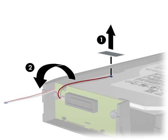 3. Retire la cinta adhesiva que asegura el sensor térmico a la parte superior de la unidad de disco duro (1) y mueva el sensor térmico hacia fuera del transportador (2).
