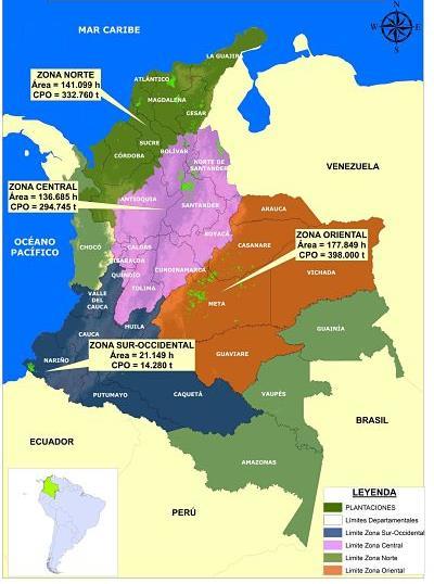Figura 2. Distribución de los cultivos de palma de aceite con la variedad Híbrido Interespecífico OxG en Colombia ZONA NORTE Área: 2.203 has* 6% del total ZONA CENTRAL Área: 6.