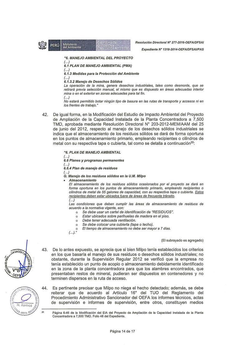 , del Ambiente ~-Ministerio Resolución Directora/ Nº 277-2016-0EFAIDFSA/ Expediente N 1318-2014-0EFAIDFSA//PAS "6. MANEJO AMBIENTAL DEL PROYECTO (...) 6.1 PLAN DE MANEJO AMBIENTAL (PMA) (... ) 6.1.3 Medidas para la Protección del Ambiente (.