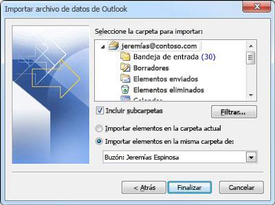 NOTA: Si se ha asignado una contraseña al archivo de datos de Outlook (.pst), se le pedirá que la escriba y, a continuación, deberá hacer clic en Aceptar. 8.