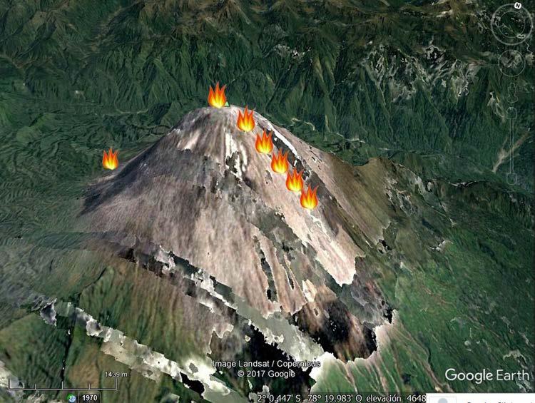 Alertas térmicas Los sensores infrarrojos (térmicos) a bordo de diferentes satélites orbitando sobre nuestro país han detectado la presencia de calor en el volcán Sangay en los dos últimos días (Fig.
