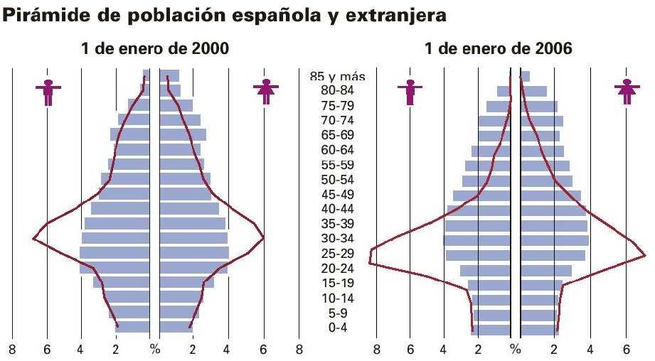 ESPAÑA: Inmigración La composición de los inmigrantes la dominan los grupos de adultos jóvenes (en edad de trabajar), cuya edad se ha reducido con el paso de los años.
