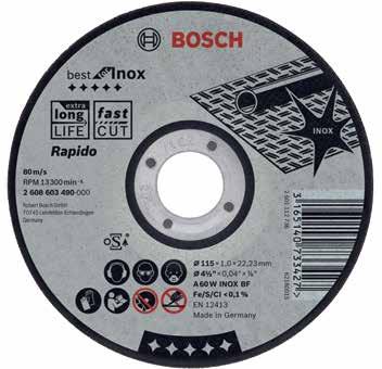 108 Cortar, desbastar y cepillar Resumen Accesorios Bosch 2015 / 2016 Informaciones generales del rótulo para elección y aplicación segura En el rótulo de los discos abrasivos Bosch usted encuentra