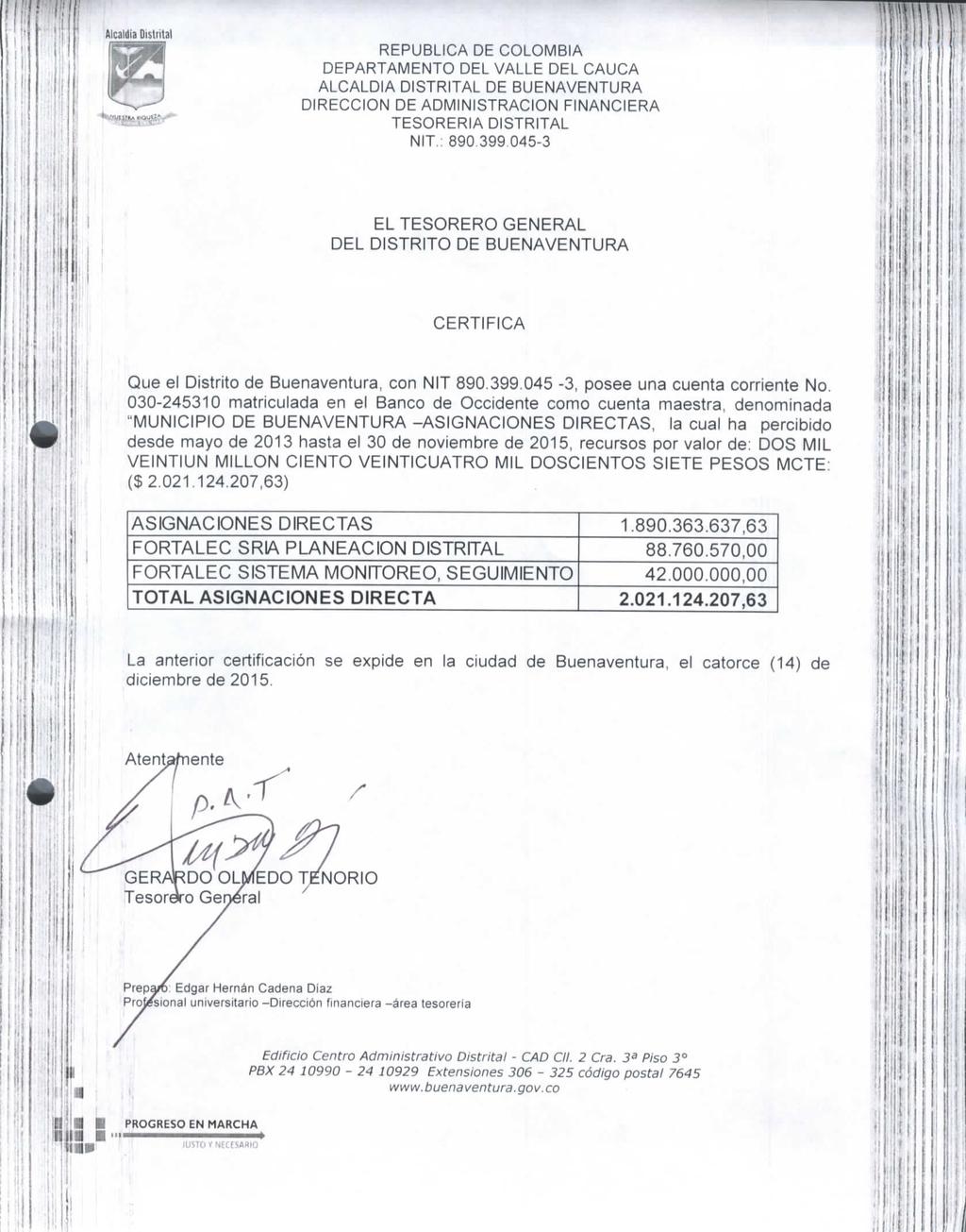 mm i i ' J i!' REPÚBLICA DE COLOMBIA DEPARTAMENTO DEL VALLE DEL CAUCA ALCALDÍA DISTRITAL DE BUENAVENTURA DIRECCIÓN DE ADMINISTRACIÓN FINANCIERA TESORERÍA DISTRITAL NIT.: 89.399.