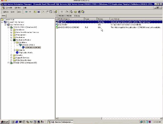 La suscripción de la extracción ha completado una vez, en el editor, selecciona al servidor SQL del suscriptor y abre las suscripciones de la extracción para la base de datos CCM0300.