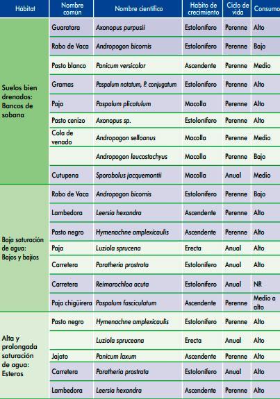 La siguiente tabla resume algunas de las especies nativas forrajeras más populares: Estas son algunas de las variedades más conocidas en el país.