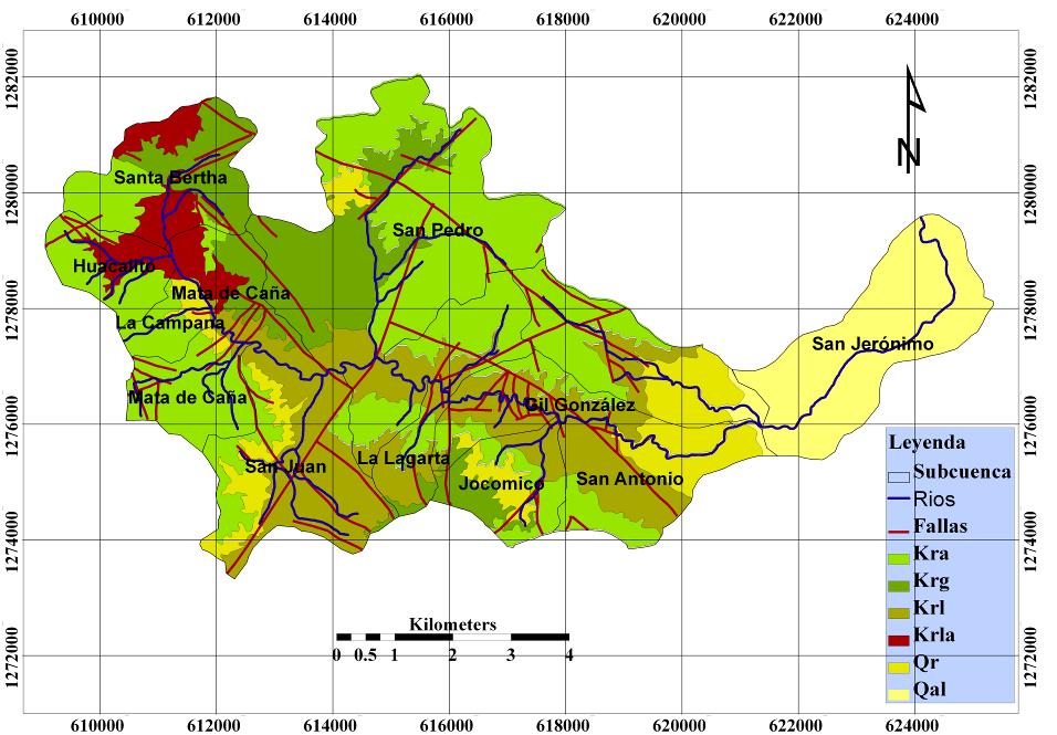 Figura 3. Mapa Geológico de la Subcuenca Río Gil González. Las unidades están afectadas por sistemas de fallas y fracturas, con dirección predominante NO-SE y NESO con ángulos de 120 entre sí.