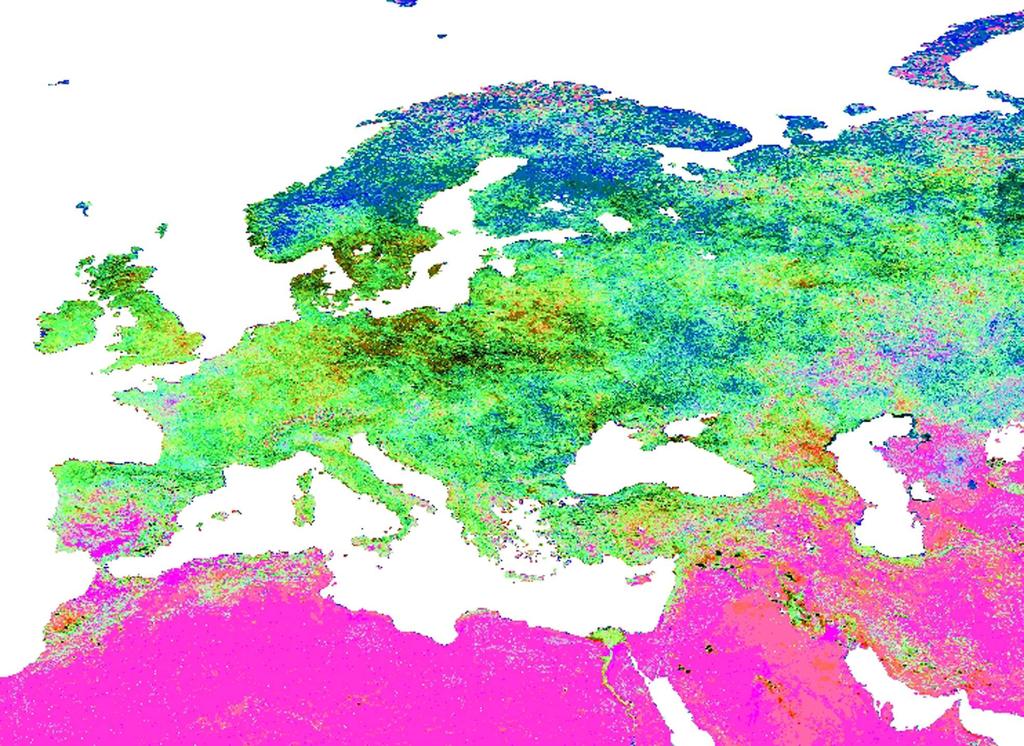 Análisis series temporales NDVI y LST identificar cambios vegetación en Europa 1982-86/1995-99 Rosa: zonas áridas del Sur en proceso de desertización (aumento 2.5 LST, disminución 0.