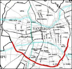 A continuación se presenta el mapa de la Circunvalación Américo Vespucio, y, en rojo, se muestra el trazado de la autopista: En la parte central de la faja de la autopista se extienden las líneas 4 y