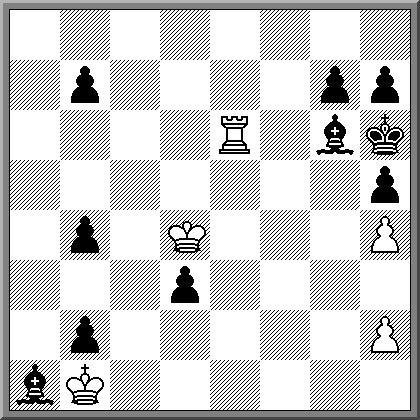Miguel Uris I Concurso de Composición del AdV, 2016 (5+10) Juegan blancas y ganan Solución: 1.Vxd3 b3 2.Ve4 b5 (2 b6 3.Td6 o 3.Tc6) 3.Vf5 b4 4.Txg6+ hxg6 5.Vg5+ Rh7 6.h3 Rg8 7.Vxg6 Rf8 8.Vxh5 Rf7 9.