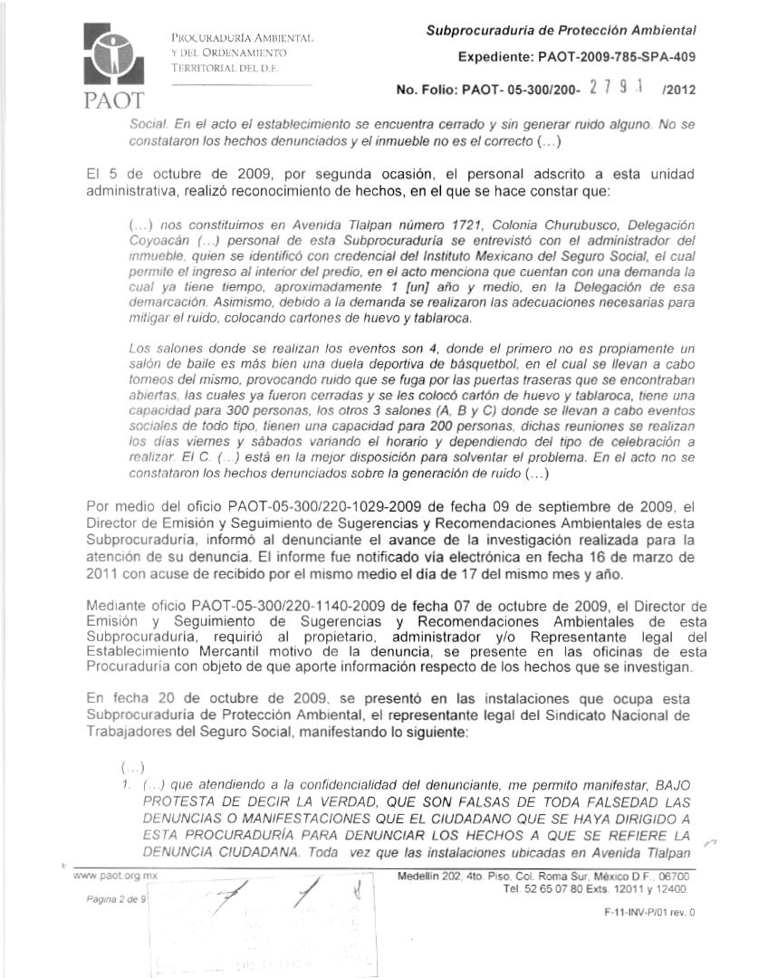 NO( URADURIA AMBIENTAL Y DEI. ORDENAMIENTO TERRITORIAL DEI. D.E Subprocuraduría de Protección Ambiental No. Folio: - 05-300/200-2 7 9 1 /2012 Socia!