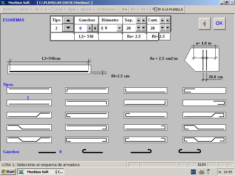 3. Tipos estructurales Botón OK : Introducir esquema Botón : Volver a los encabezados Diámetro y Separación de barras Dimensiones de la barra Recubrimientos Esquemas de armadura Ganchos en los