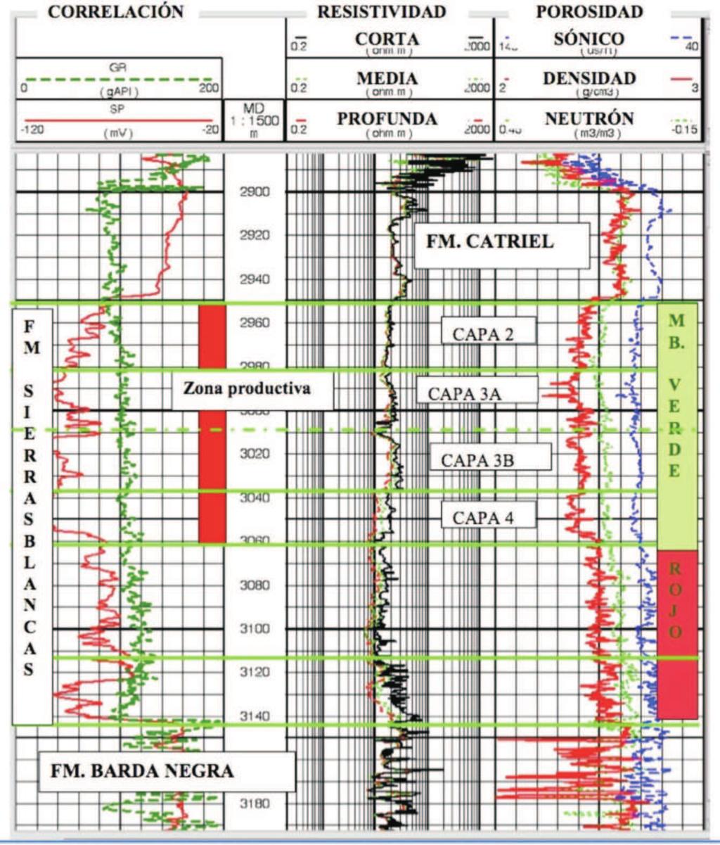 RECURSOS HIDROCARBURÍFEROS Figura 5: Perfil tipo del reservorio Sierras Blancas en la zona productiva. Tomado de Maretto et al. (2002) Las pelitas negras de plataforma de la Fm.