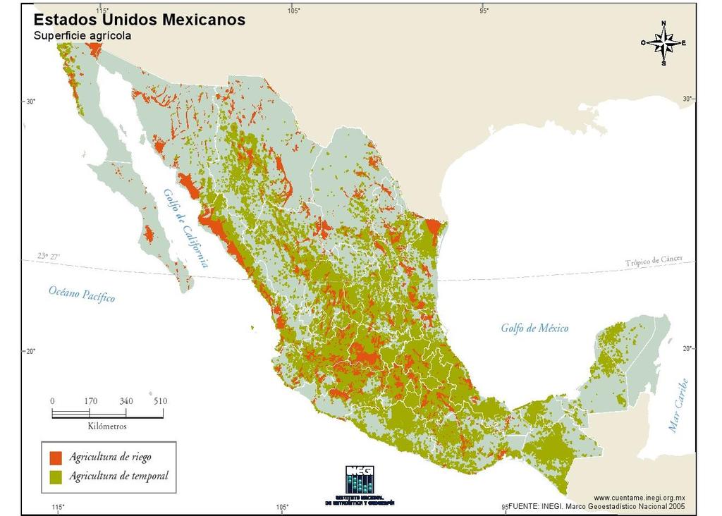 Espacio geográfico de acción en México Limite internacional Estados Unidos de América 2,450 km Superficie agrícola 27,496,118 hectáreas 274,961.