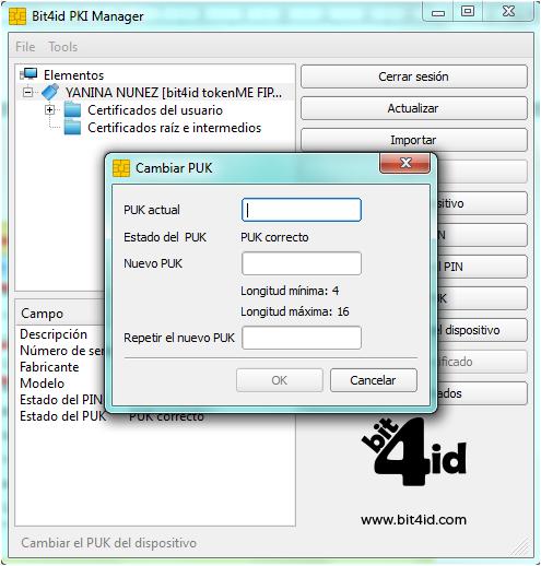 Como cambiar PUK Es posible cambiar el PUK generado en el proceso de emisión a través del Bit4id PKI Manager utilizando el software Administración de Tokens las veces que el usuario