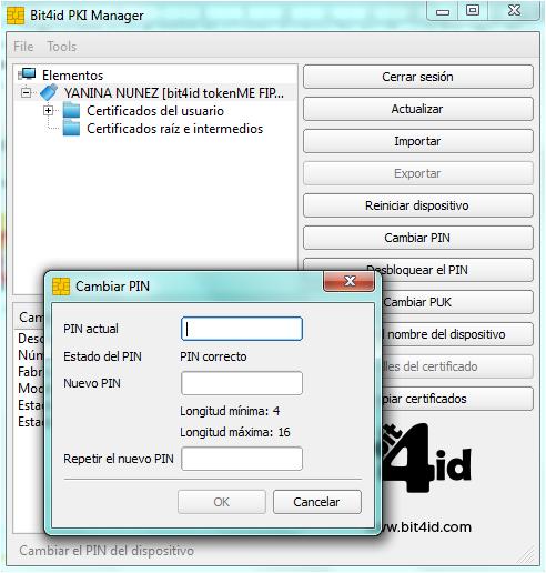 Como cambiar el PIN Es posible cambiar el PIN generado en el proceso de emisión a través del Bit4id PKI Manager las veces que el usuario cree conveniente.