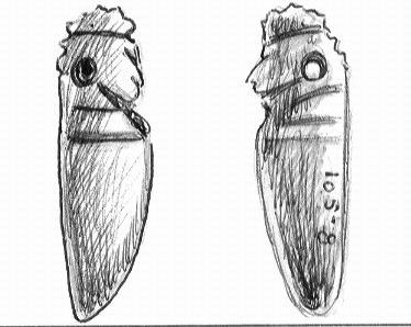 534 Anexo Objeto: Colgante con forma de hacha ornitomorfa Cronología: 300 a.c. - 500 d.c. Periodo IV. Material: Jaspe verde Medidas: 5,2 cm x 1,9 cm x 0,3 cm Número de inventario general: 8.