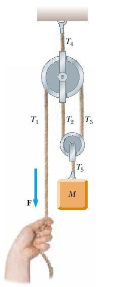 Figura 7: R: T 1 =T 2 =T 3 =m g/2, T 4 =3m g/2, T 5 =m g, F =m g/2. 34. Un bloque de 2 kg se sitúa sobre la parte superior de un bloque de 5 kg.