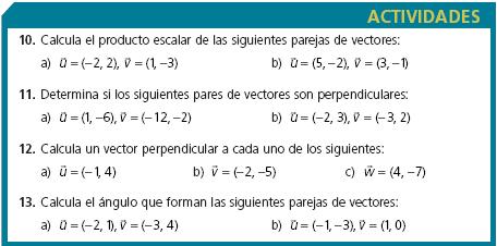 PÁGINA 196 SOLUCIONES 10. a) b) 11. Dos vectores son perpendiculares si su producto escalar es nulo: a) Son perpendiculares b) No son perpendiculares 12.