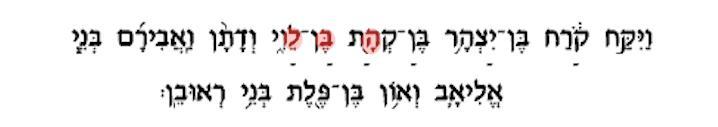 Después de ello, cada segunda letra se lee: Hei, Beit y Lamed: Hével Y Koraj el hijo de Izhar, el hijo de