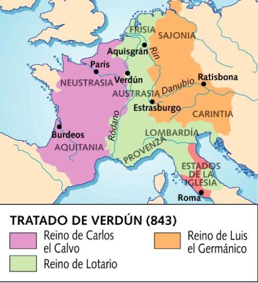 Los hermanos se pelearon mucho. En el año 843 firmaron el Tratado de Verdún, donde se repartieron el Imperio.