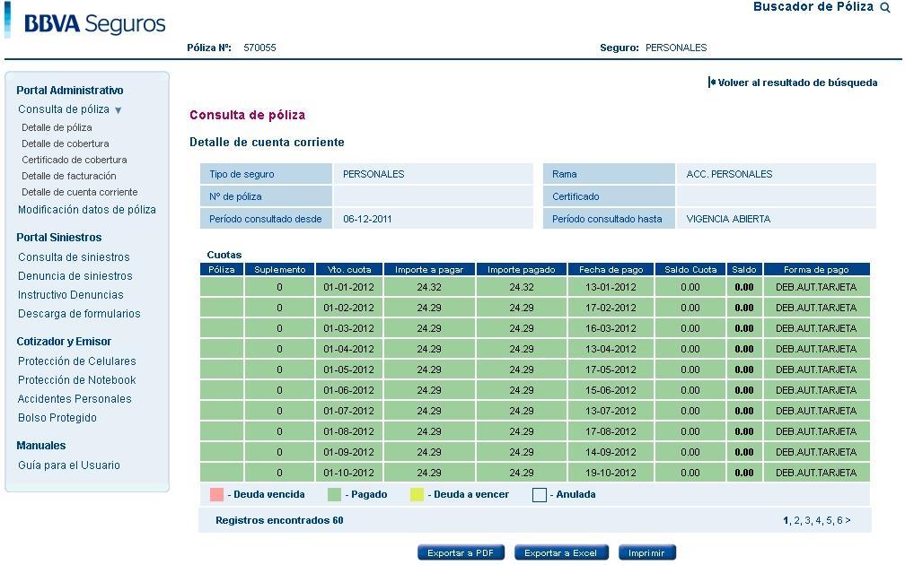 4.5 Detalle de Cuenta Corriente Esta consulta te permitirá controlar y exportar a Excel los datos de la Cuenta Corriente de cada una de las pólizas seleccionadas.