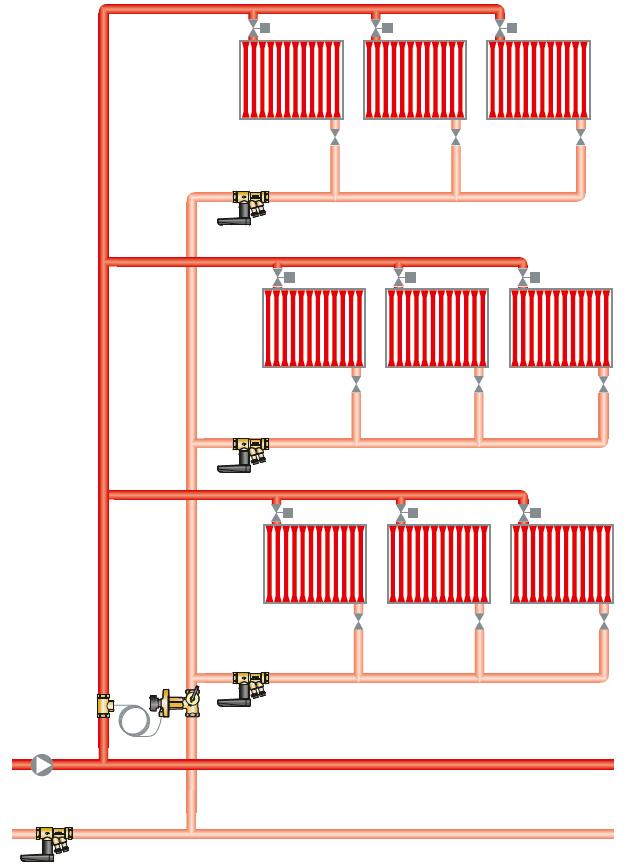 Aplicación 5: instalación de calefacción con válvulas reguladoras de presión diferencial en conductos de ascenso y válvulas manuales de regulación de ramal en los circuitos de subsistema Una Ballorex