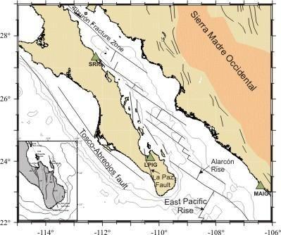 Figura 3. Tectónica de la Región del Golfo de Baja California. NOTA: La información contenida en este reporte ha sido generada por el Servicio Sismológico Nacional, el día 23 de agosto de 2016.