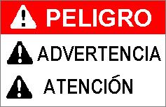 PELIGRO se refiere a la amenazas más importantes. Los símbolos de seguridad con las palabras PELIGRO o ATENCIÓN s refieren generalmente a peligros cercanos.
