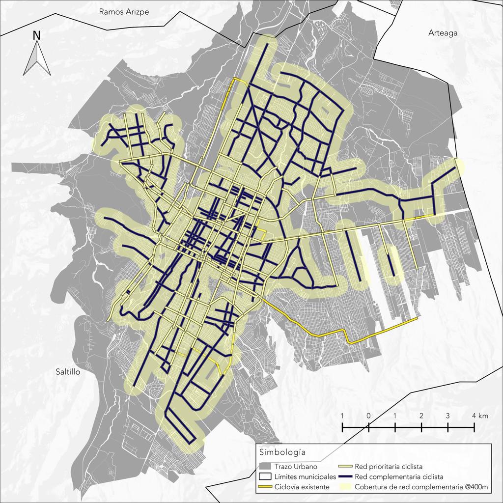 VII.2. Red complementaria ciclista Mapa 7 Ciclovía actual, red prioritaria propuesta, red complementaria propuesta y cuenca de cobertura a 400m.
