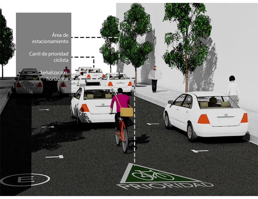 5. Calle compartida de prioridad ciclista Ilustración 5 Imagen conceptual de calle compartida de prioridad ciclista con señalización horizontal.