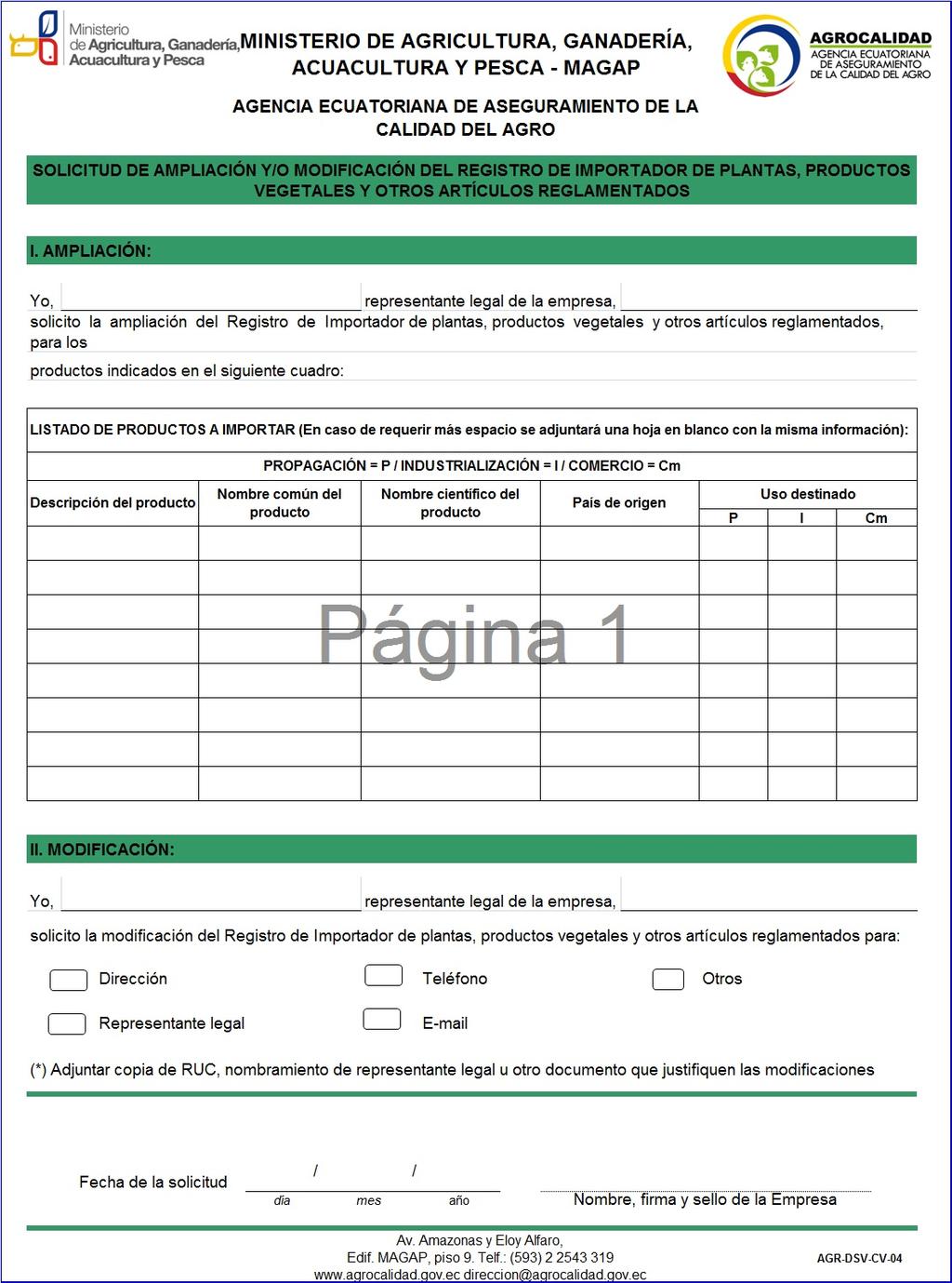 Formulario AGR- DSV- CV- 02-04: Solicitud de modificación del registro de importadores