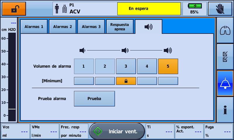 Alarmas Para probar los dispositivos emisores de sonidos y los indicadores: 1. Pulse. Se muestra la pantalla Alarmas. 2. Pulse. Se muestra la pantalla Volumen de alarma. 3.
