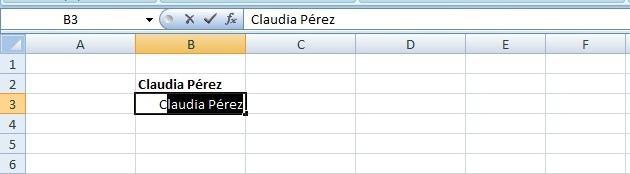 Por ejemplo, digamos que hemos ingresado el nombre Claudia Pérez en la celda B2 y, luego, escribimos la letra C en la celda B3, Excel completará la celda automáticamente con el texto Claudia Pérez.