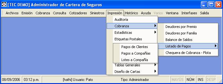 Impresión Cobranza Auditoria: En esta pantalla se le informa todas las operaciones y pagos que fueron eliminados del sistema.