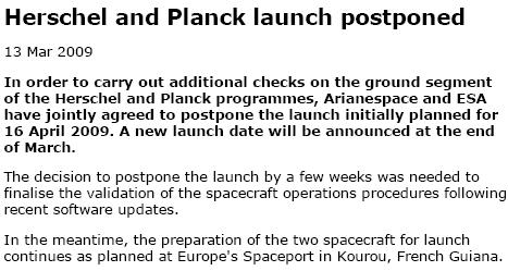 Herschel in Kourou delay Spacecraft activities proceeding OK wrt