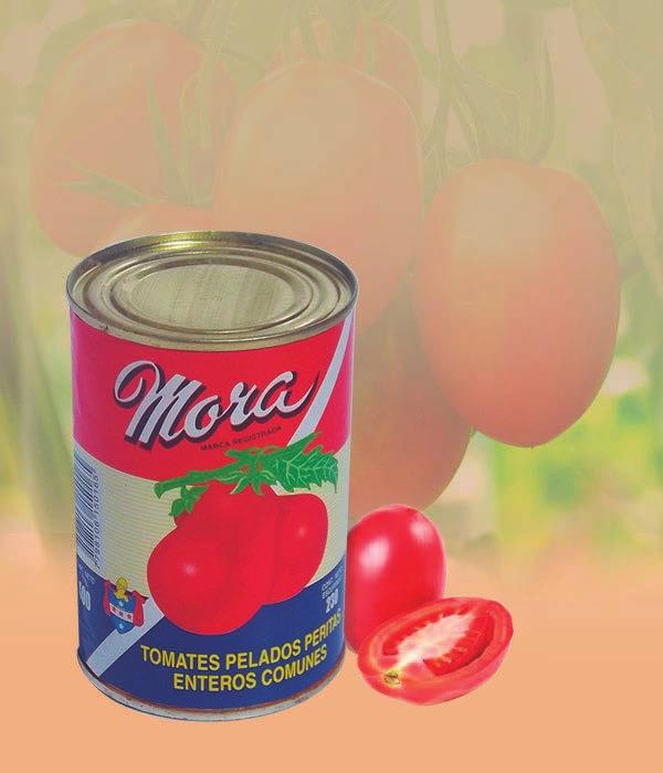 Los Tomates Pelados consisten en el producto elaborado con los frutos frescos, sanos, limpios, maduros, de estructura consistente, lavados, pelados y sin pedúnculos, envasados con su propio jugo sin