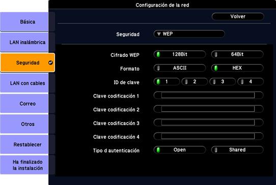 Activación del cifrado WEP Configure los ajustes del cifrado WEP para que coincidan con los ajustes de la red.