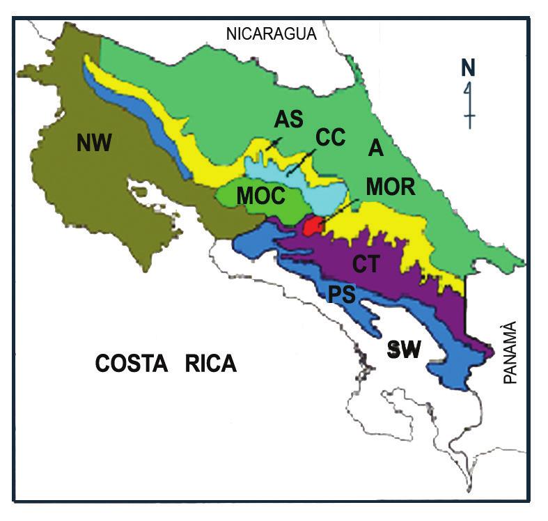254 Composición de la comunidad herpetofaunística de El Rodeo Figura 1. Zonas herpetofaunísticas de Costa Rica (Modificado de Savage 2002). NW: Noroeste. SW: Suroeste.