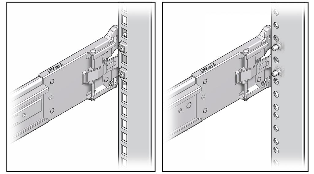 Acoplamiento de los conjuntos de guías deslizantes al bastidor Las clavijas de montaje del conjunto de guías deslizantes admiten orificios de montaje cuadrados de 9,5 mm u orificios de montaje