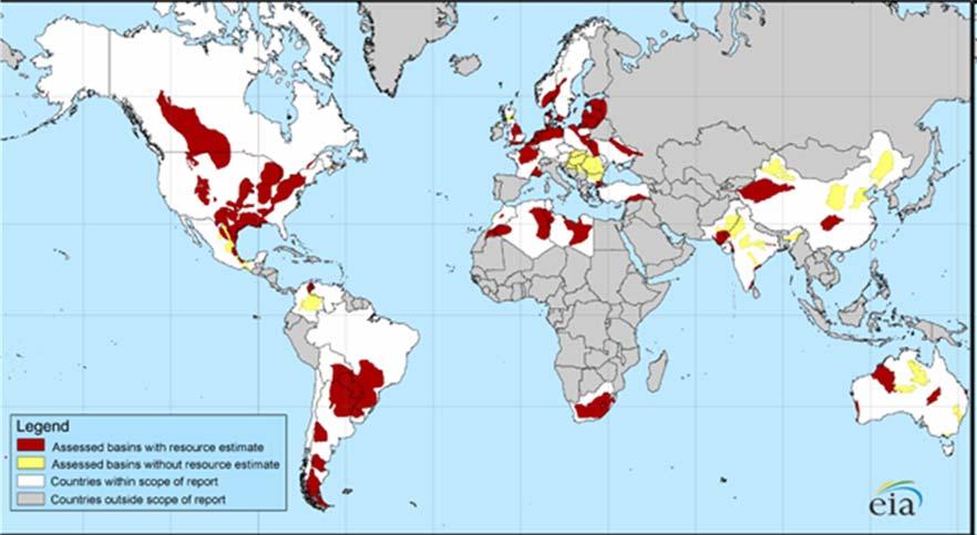Rojo: cuencas evaluadas con estimación de recursos / Amarillo: cuencas evaluadas sin estimación de recursos / Blanco: países dentro del