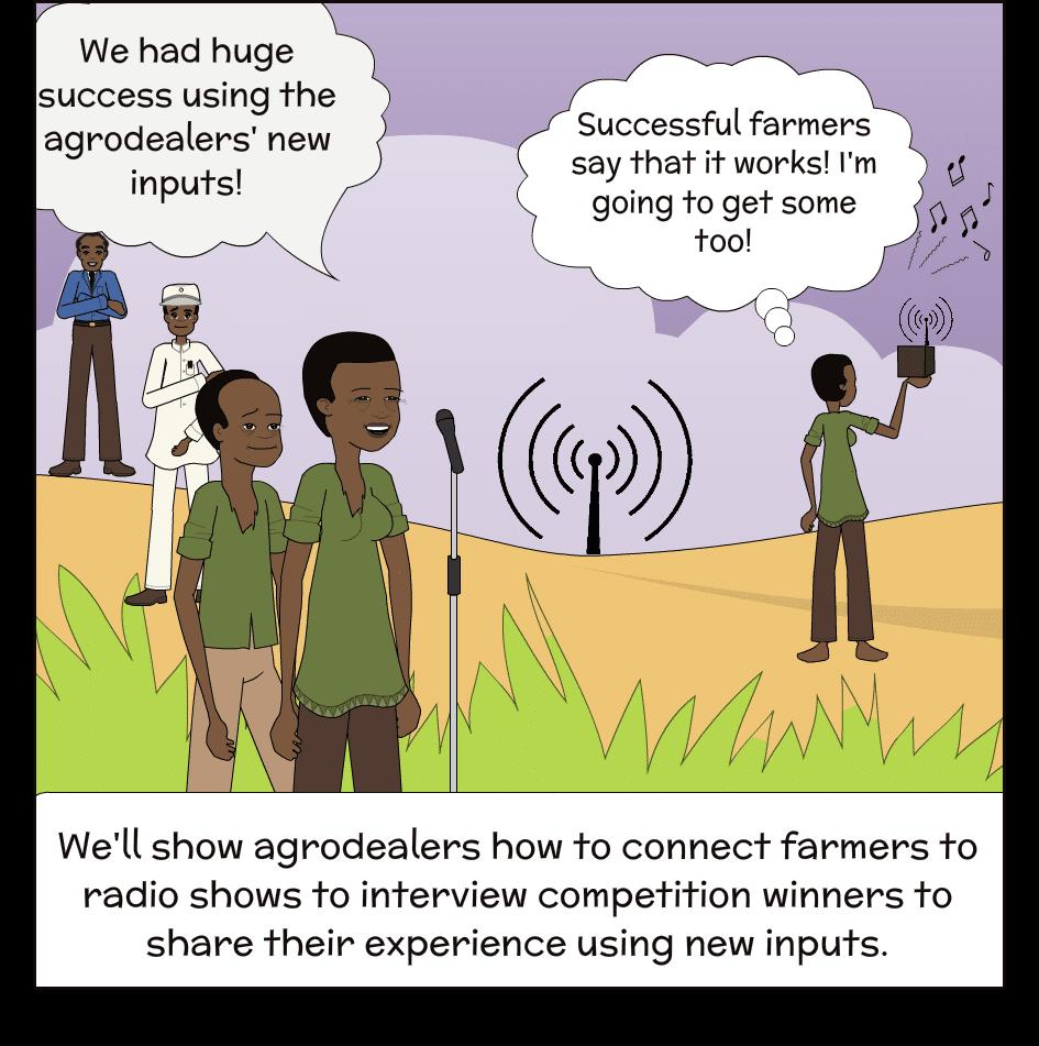 Mostraremos a los concesionarios agrícolas cómo conectar a los agricultores con los programas de radio para que entrevisten a los ganadores de la competencia y compartan su experiencia en el uso de