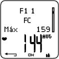 Nombre de la fase Tiempo parcial Duración de la fase actual FC en pulsaciones por minuto (ppm), alternando con un porcentaje de su Frecuencia cardiaca máxima (FC %).