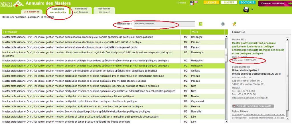 Puedes buscar también por palabra clave ( Recherche par mots-clés ): Ejemplo Buscamos politiques publiques.