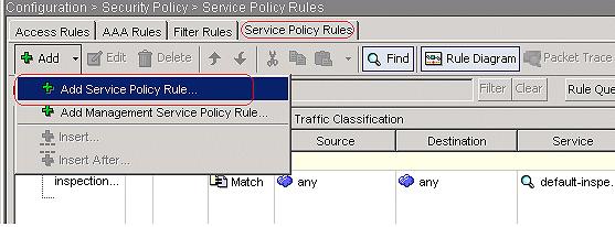 > Add > Add bajo lengueta de las reglas de la política de servicio.