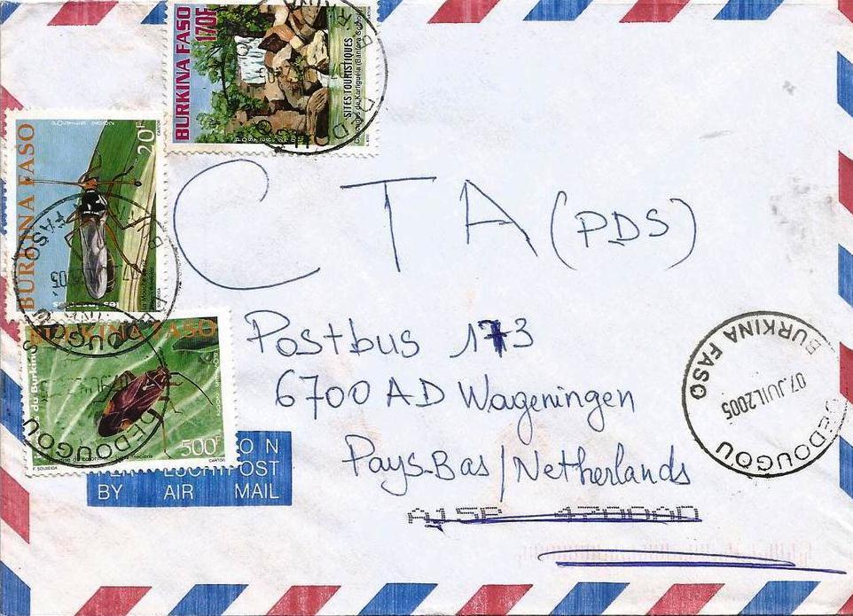 2005 Julio 7 : Insectos 2002 (Scott : 1242-1248), sobre carta de Ouagadougou a Wageningen, Holanda, con sello adicional Sitios turísticos