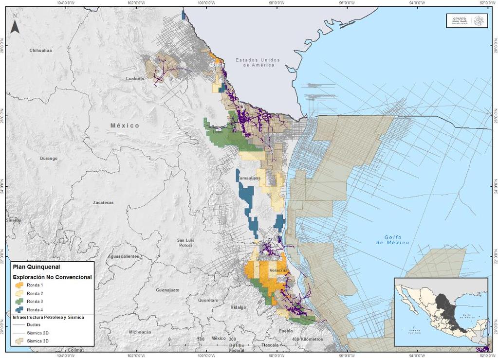Mapa 4. Áreas a licitar para la exploración de recursos no convencionales Fuente: Sener (2017a). Nota: Las áreas correspondientes a la Ronda 1 se encuentran en color naranja.